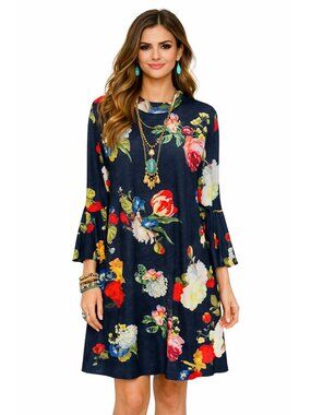 Gibson & Latimer Garden Floral Bell Sleeve Dress Black Multicolor Women L Boho